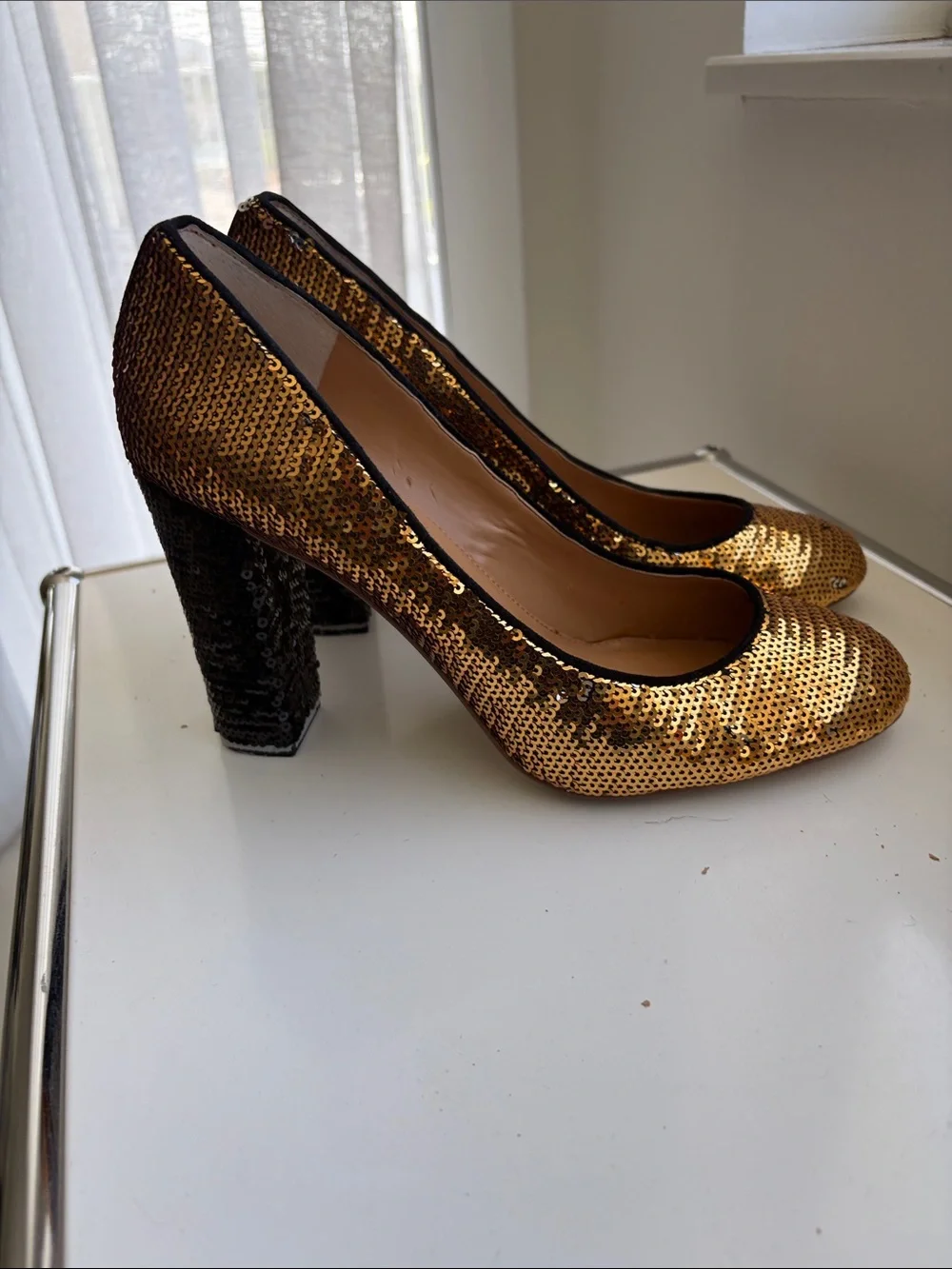 J. Crew Gold & Black Sequin Pumps